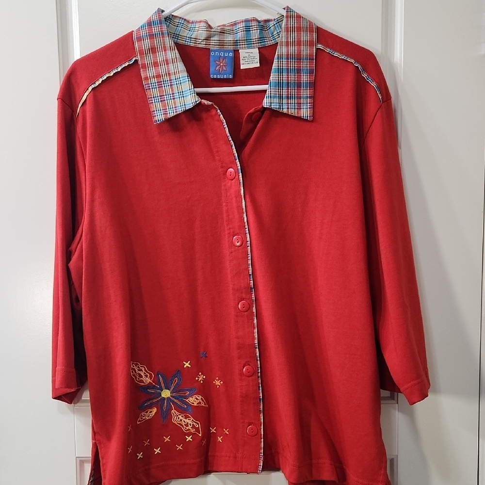Onque Casuals Red Plaid Collar Shirt With Embroidered Detail -XL